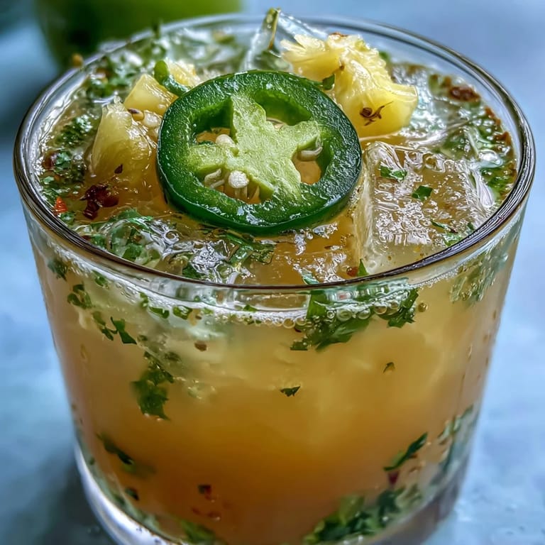 Icy pineapple jalapeño agua fresca served over ice cubes with fresh fruit garnish and bright summer appeal.