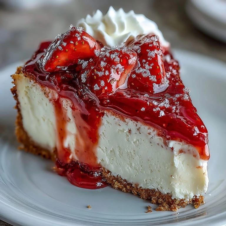 Decadent, velvety no-bake strawberry cheesecake, perfectly topped with glistening fruit.