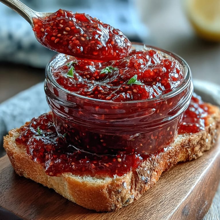 Bright homemade Raspberry Lemon Chia Jam Spooned onto toast, showcasing its thick, ruby-red texture.