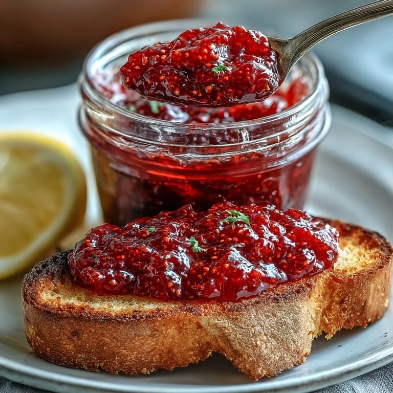 Delicious quick Raspberry Lemon Chia Jam jewel-toned spread with visible chia seeds.