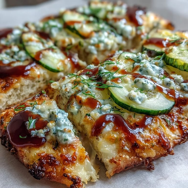 Crispy pickle pizza flatbread: a delicious bite topped with creamy garlic ranch.