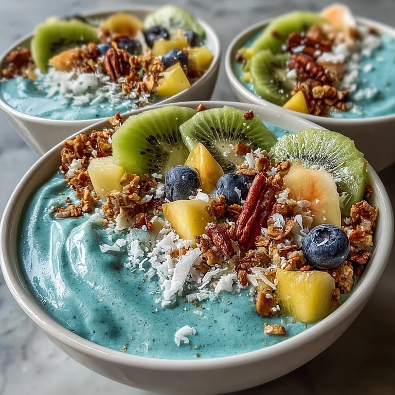 Vibrantly blue spirulina smoothie bowl piled high with fresh, juicy fruits.