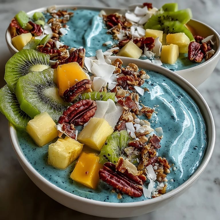 Creamy, thick blue spirulina smoothie bowl crowned with exotic fruit toppings.