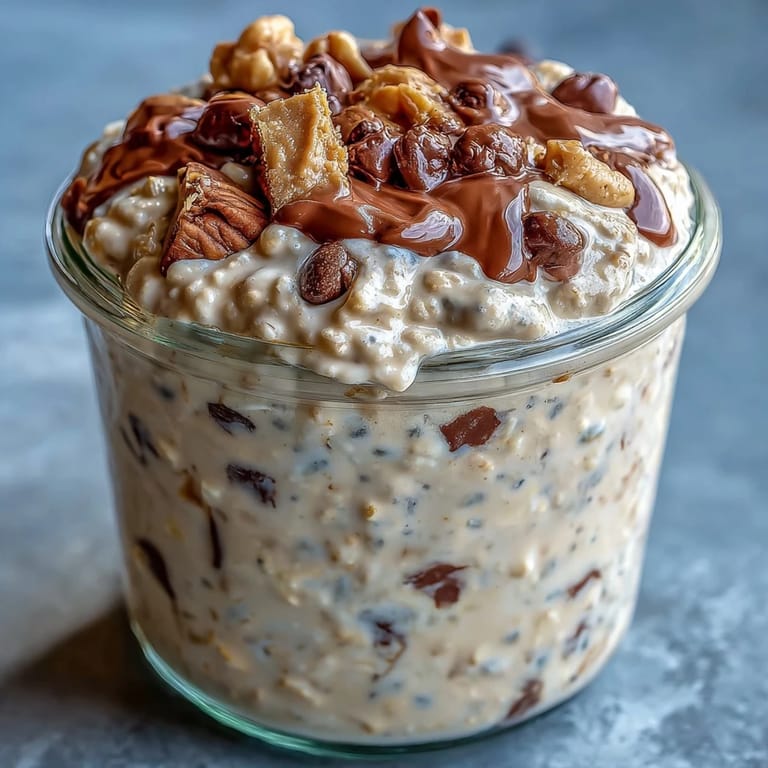Protein Cookie Dough Overnight Oats ready to eat, creamy and chocolatey breakfast goodness.
