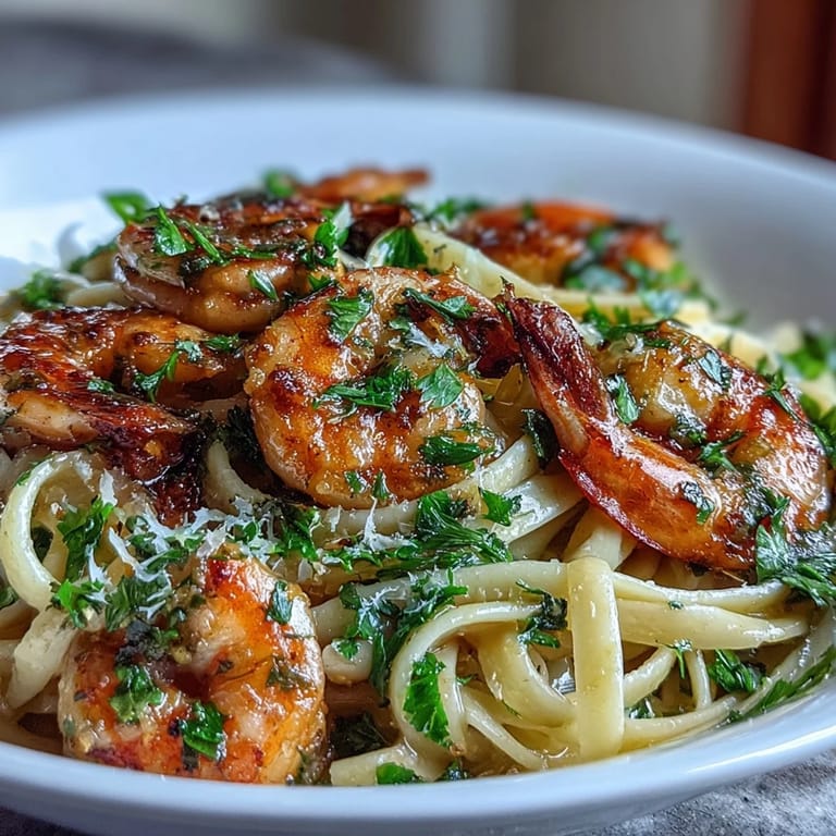 Generous plate of shrimp scampi linguine ready for a delicious dinner.