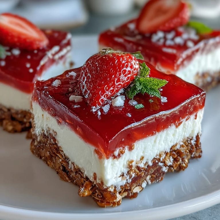Salty pretzel crust topped with luscious cream cheese and bright strawberry gelatin.