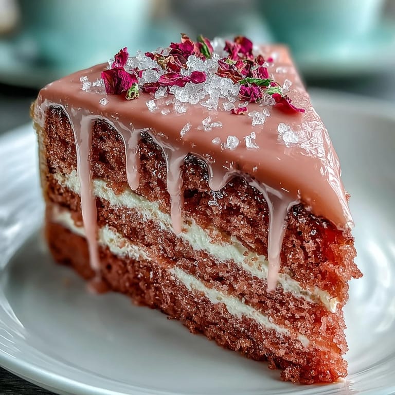 Pink Rosé Velvet Cake, a beautiful dessert drizzled with edible gold.