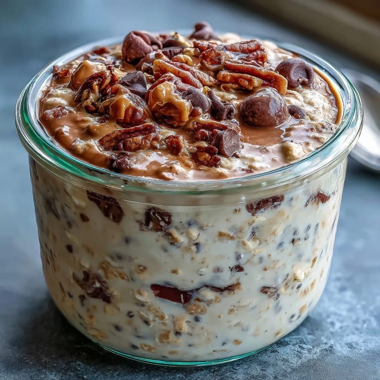 Healthy Protein Cookie Dough Overnight Oats topped with nuts and chocolate chips.