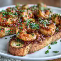Spicy Calabrian chili shrimp toast with golden sourdough, garlicky sautéed shrimp, and zesty chili oil for a bold appetizer.  