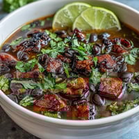 A steaming bowl of ham and black bean soup garnished with fresh cilantro and lime wedges, perfect for a cozy meal.  
