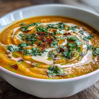 Creamy Carrot and Orange Soup with Ginger and Coconut Milk in a white bowl, garnished with fresh coriander and orange zest, served with crusty bread on the side.