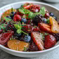 Bright spring fruit salad with citrus and berries, fresh mint leaves, and a zesty honey-lime dressing.  