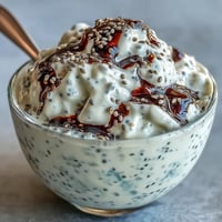 Fluffy yogurt chia pudding with vanilla bean, topped with fresh berries and toasted coconut flakes.