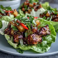 Juicy teriyaki chicken with sweet pineapple chunks served in crisp lettuce wraps for a refreshing Asian-inspired meal.  