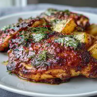 Golden roasted chicken drumsticks with crispy skin, nestled beside tender potatoes and carrots, all infused with rosemary and thyme for a comforting sheet pan dinner.