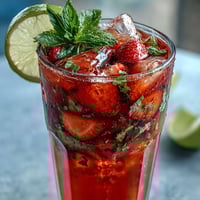 Vibrant strawberry basil lemonade with fresh berries, herbs, and lemon slices in a clear pitcher.