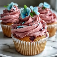Delicate vanilla Baby in Bloom Cupcakes topped with pastel buttercream and edible flower petals for a spring celebration.