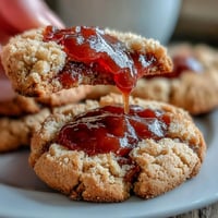 Fresh strawberry jam thumbprint cookies with vibrant red filling on a rustic baking tray.