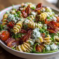 A vibrant BLT pasta salad with crispy bacon, ripe avocado, and juicy tomatoes, perfect for summer gatherings.