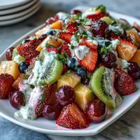 Vibrant spring fruit platter with strawberries, kiwi, and pineapple served with creamy honey-yogurt dipping sauce for a refreshing snack.