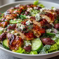 Greek Salad Bowl with Grilled Chicken, a colorful and hearty dish with juicy marinated chicken atop crisp lettuce, tomatoes, cucumbers, and feta.