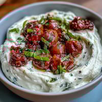 Creamy whipped feta dip with sweet roasted cherry tomatoes and fresh basil.  