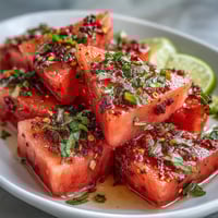 Juicy watermelon slices topped with zesty Tajin and fresh lime create a refreshing, spicy-sweet snack perfect for summer gatherings.