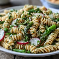 Fresh spring pasta salad with lemon vinaigrette, crisp radishes, and asparagus—vibrant, colorful, and perfect for picnics.