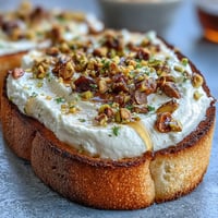 Creamy Whipped Ricotta Bruschetta with honey drizzle and crunchy pistachios.