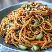 Vibrant Thai Peanut Noodle Salad with colorful vegetables and crunchy peanuts.