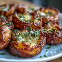 Golden crispy smashed potatoes, roasted until tender with fresh herbs, perfect side dish.