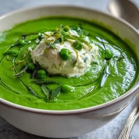Creamy spring pea soup topped with airy whipped ricotta and fragrant mint oil, perfect for a light vegetarian meal.  