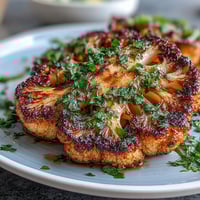 Smoky BBQ cauliflower steaks grilled until charred, served with vibrant herb-packed chimichurri sauce. Plant-based dinner idea.