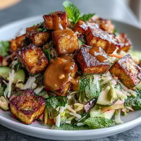 A colorful Thai mango salad with crispy tofu, fresh vegetables, and a creamy peanut sauce, bursting with tropical flavor.