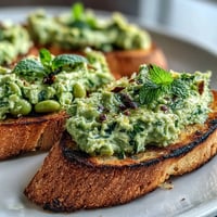 Fresh fava bean and mint bruschetta on grilled sourdough, garnished with lemon zest and olive oil.  