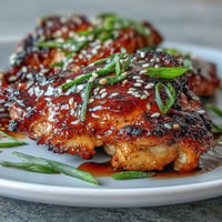 Sticky soy glazed chicken thighs baked golden brown with a glistening, savory glaze.