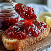 Close-up of vibrant Raspberry Lemon Chia Jam glistening in a jar, ready to serve.