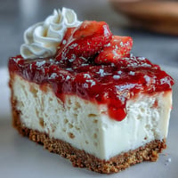 Creamy no-bake strawberry cheesecake with vibrant red berry sauce, a summer dessert dream.