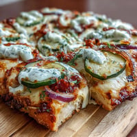 Tangy pickle pizza flatbread, golden baked with melted cheese and garlic ranch.