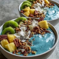 Blue Spirulina Smoothie Bowl bursting with colorful tropical fruit.