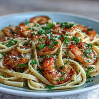 Shrimp scampi linguine, glistening with garlic butter wine sauce.
